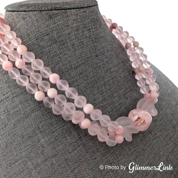 Vintage 90s AVON Sheer Style Frosted Pink Plastic Lucite Triple Strand Necklace - Picture 3 of 9
